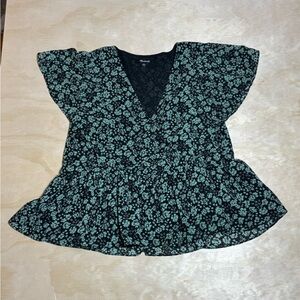 Madewell Georgette Ruffle Sleeve Peplum Top in Fleur Field Green Floral